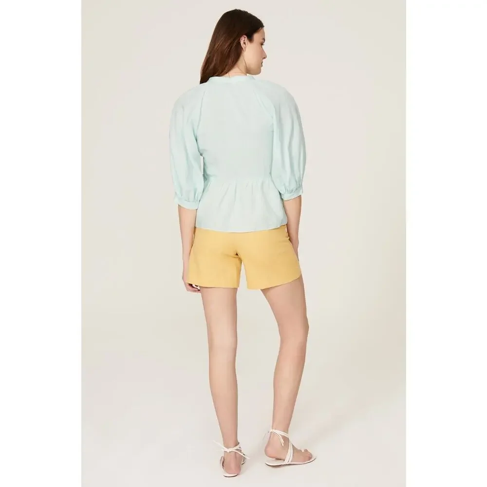 Amanda Uprichard Diego Light Blue Linen Puff Sleeve Split Neck Top Size XS - Picture 4 of 13